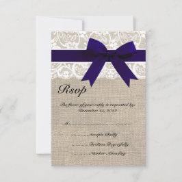 White Lace NavyRibbon and Burlap Wedding RSVP Card