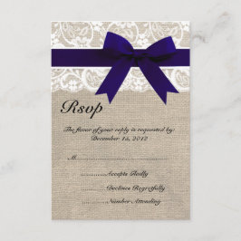 White Lace NavyRibbon and Burlap Wedding RSVP Card Karte