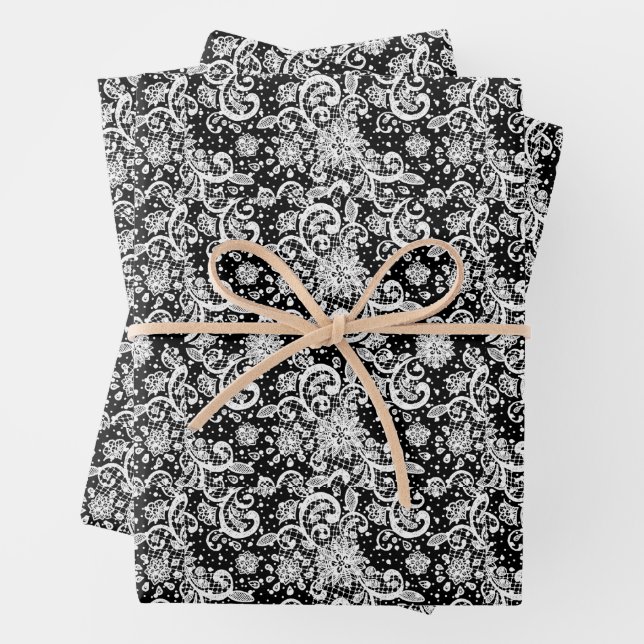 White Lace on Black Background Pattern Geschenkpapier Set (Beispiel)