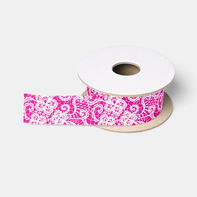 White Lace on Bright Pink Satinband (Spule)