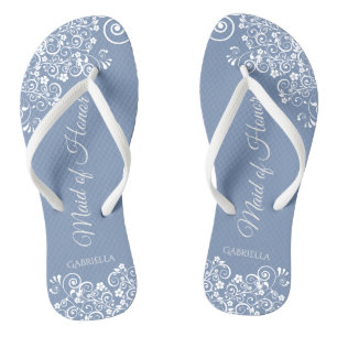 White Lace on Dusty Blue Trauzeugin Wedding Flip Flops