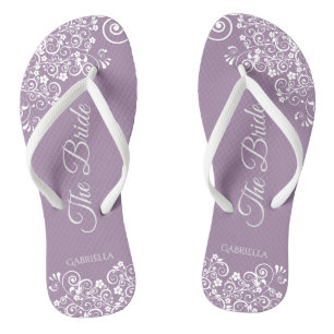 White Lace on Dusty Lila The Bride Wedding Flip Flops