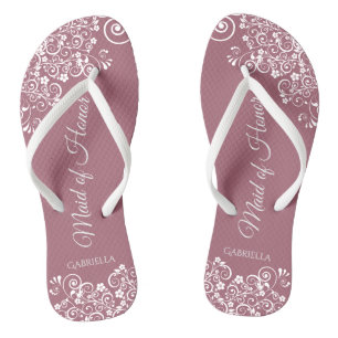 White Lace on Dusty Rose Trauzeugin Wedding Flip Flops