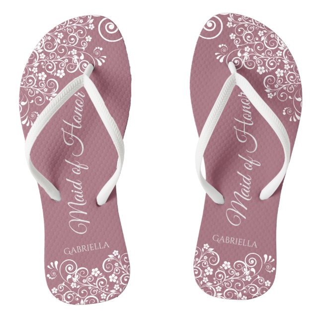 White Lace on Dusty Rose Trauzeugin Wedding Flip Flops (Fußbett)