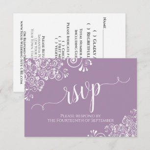 White Lace on Lavender Elegante Calligraphy Weddin RSVP Karte