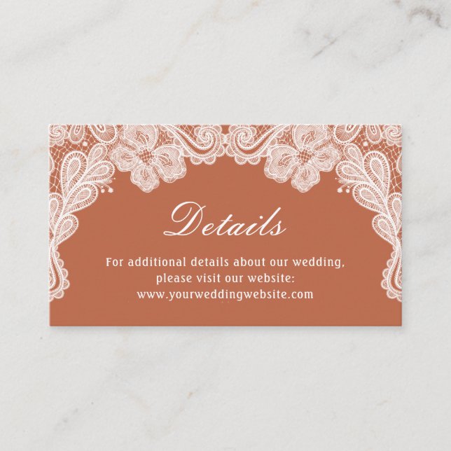 White Lace on Terracotta Wedding Details Website Begleitkarte (Vorderseite)