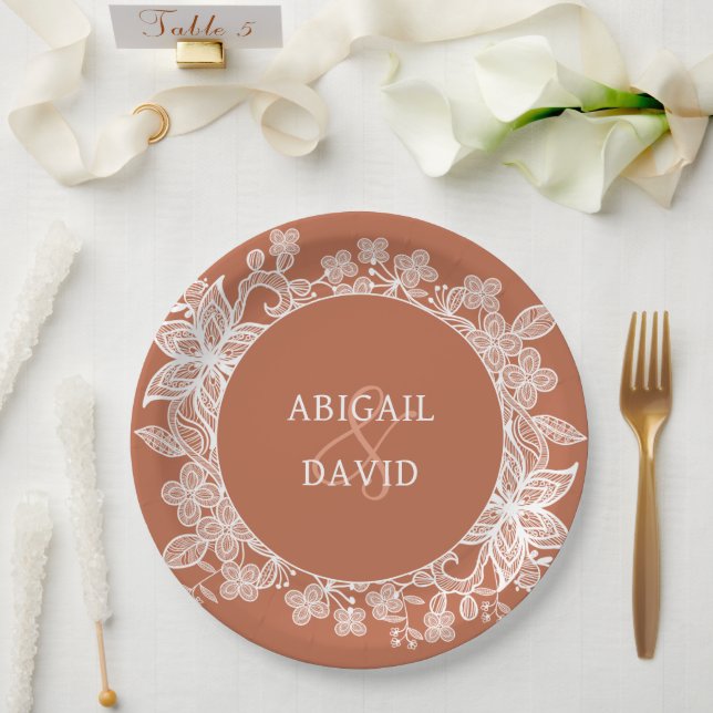 White Lace on Terracotta Wedding Pappteller (Hochzeit)