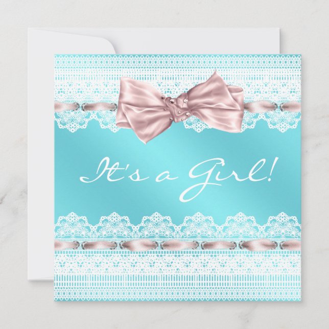 White Lace Pink Ribbon Aquamarin Blue Baby Dusche Einladung (Vorderseite)