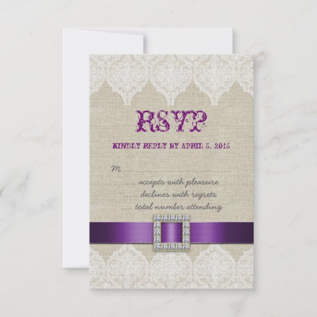 White Lace Rustic Wedding RSVP Lila Linde Karte (Vorderseite)