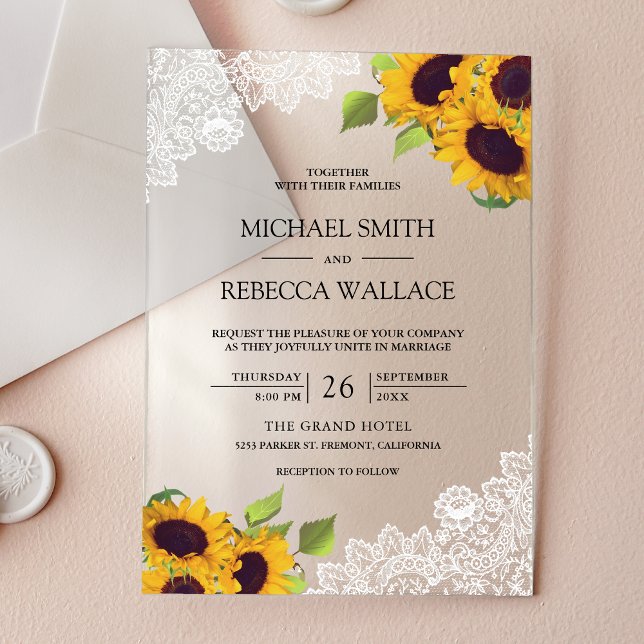 White Lace Sunflowers Wedding Acryleinladungen (Von Creator hochgeladen)