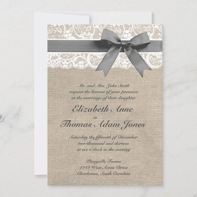 White Lace und Burlap Look Hochzeitseinladung Einladung (Vorderseite)