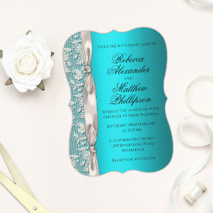 White Lace und Satin Ribbon Aqua Wedding Einladung