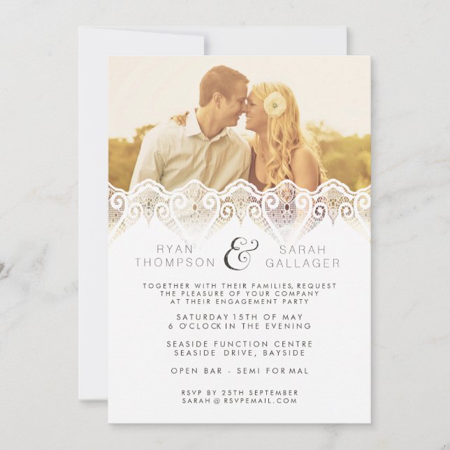 White Lace Verlobung Wedding Foto Einladung (Vorderseite)