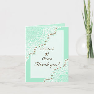 White lace with pearls mint wedding Thank You Dankeskarte