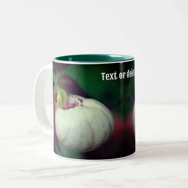 White Lady Slipper Orchid Blume Personalisiert Zweifarbige Tasse (Vorderseite Links)