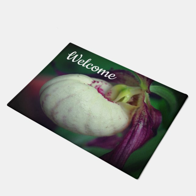 White Lady Slipper Orchid Blume Willkommen Fußmatte (Schrägansicht)