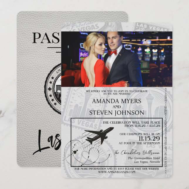 White Las Vegas Passport Wedding Einladung (Vorne/Hinten)