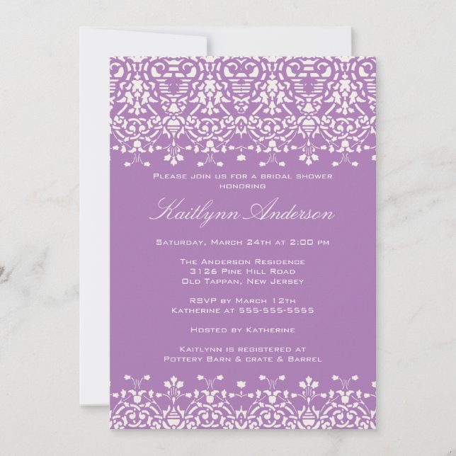 White & Lavender Damask Bridal Dusche Einladung (Vorderseite)