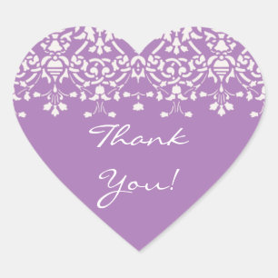 White & Lavender Damask Vielen Dank Herz-Aufkleber