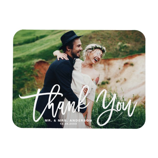 White Lettering Modernes Foto Hochzeit Vielen Dank Magnet (Horizontal)