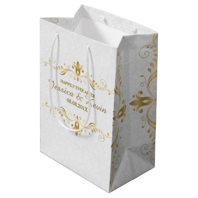 White & Light Gold Floral Lace Hochzeitsdesign Mittlere Geschenktüte (Rückseite Schrägansicht)