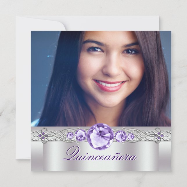 White Lila Foto Quinceanera Einladung (Vorderseite)