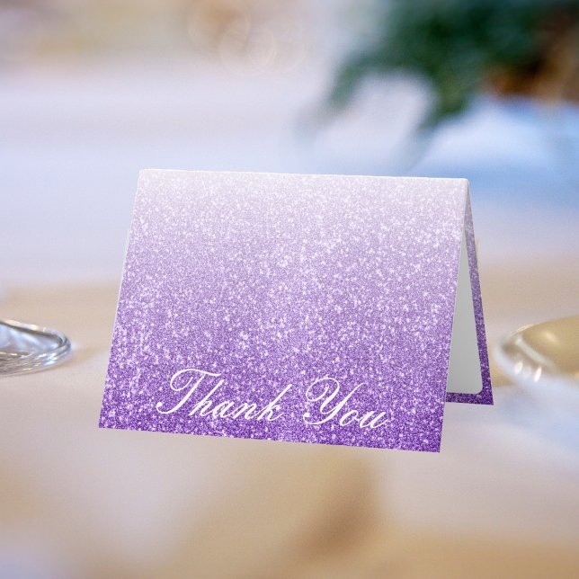 White & Lila Glitzer Ombre Foto Wedding Dankeskarte (White & Purple Glitter Ombre Photo Wedding Thank You Card)