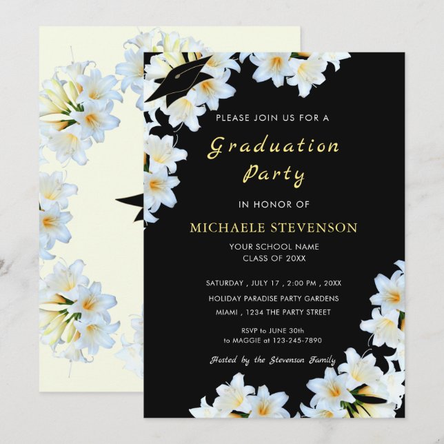 White Lilies Black Graduation Invitation Modèle (Devant / Derrière)
