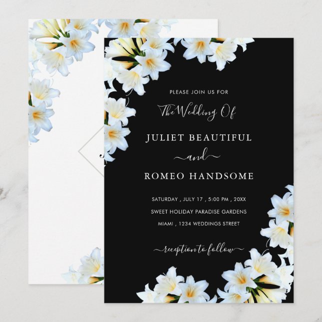 White Lilies Black Wedding Einladung Beispiel (Vorne/Hinten)