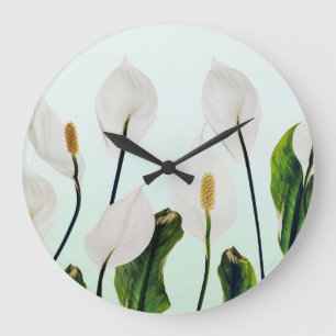 White Lilies Blume Blau Nahtlos Große Wanduhr