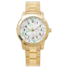 White Lilies Illustration Gold Armbanduhr