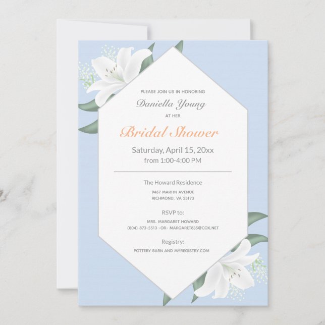 White Lilies & Powder Blue Brautparty laden Einladung (Vorderseite)