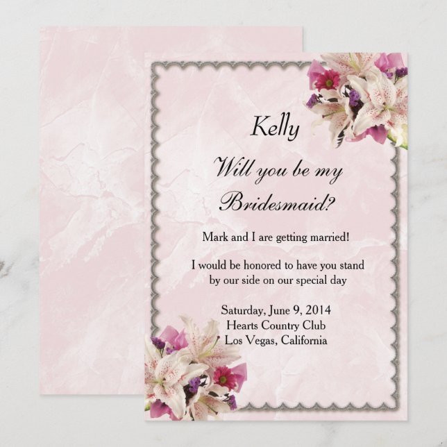 White Lily Floral Pink Marmor Hochzeit Brautjungfr Einladung (Vorne/Hinten)
