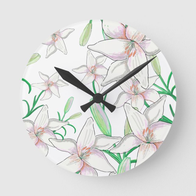 White Lily Illustration  Runde Wanduhr (Vorderseite)