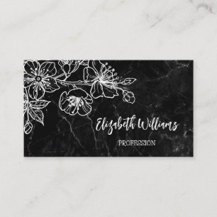White Line Art Floral Black Marble QR Code Visitenkarte