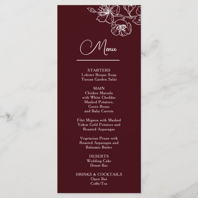 White Line Art Flowers Deep Burgundy Wedding Menükarte (Vorderseite)