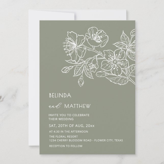 White Line Art Flowers Sage Green Casual Wedding Einladung (Vorderseite)