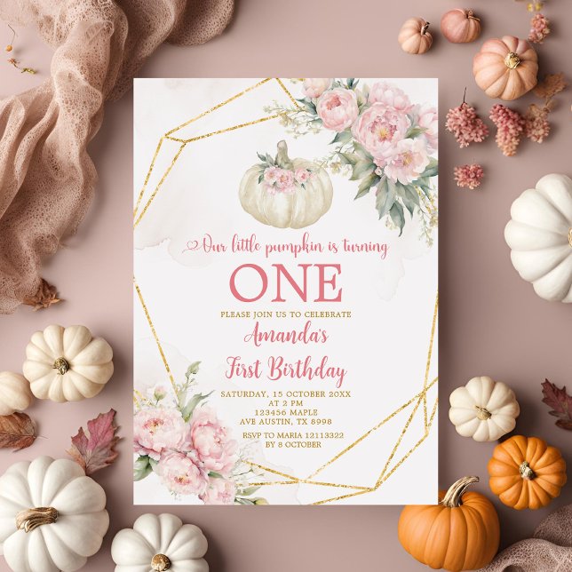 White Little Pumpkin Pink Floral Gold 1. Geburtsta Einladung (Von Creator hochgeladen)
