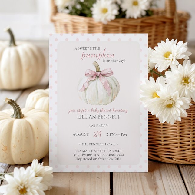 White Little Pumpkin Pink Polka Dots Baby Dusche Einladung (Von Creator hochgeladen)