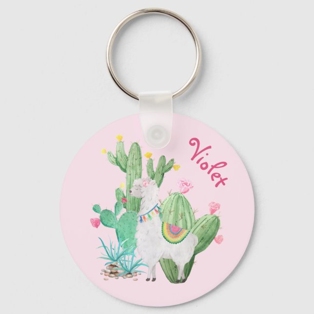 White Llama & Cactus w Flowers - Pastel Pink Schlüsselanhänger (Vorderseite)