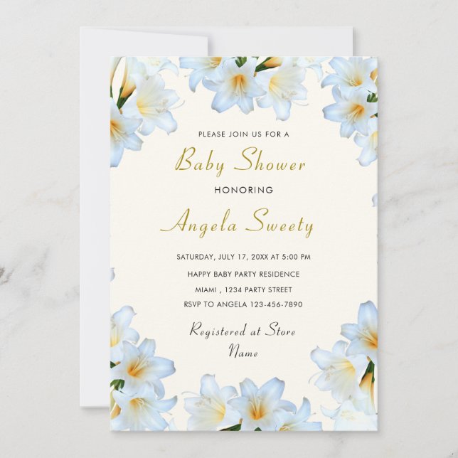 White Lly Blume Baby Shower Einladung Vorlage (Vorderseite)
