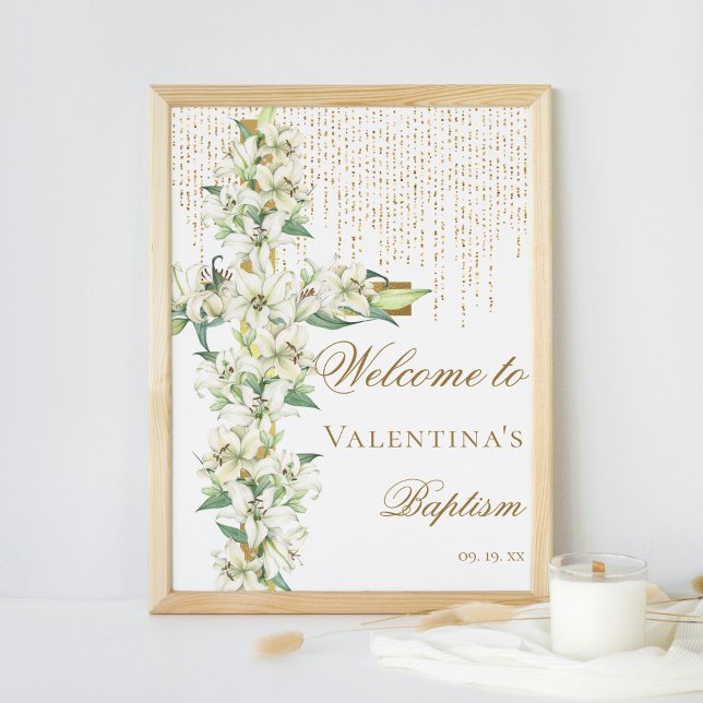 White Lly Floral Gold Cross Taufe Willkommen Poster (Von Creator hochgeladen)