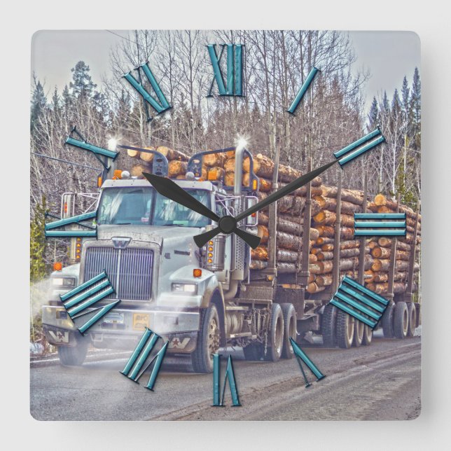 White Logging Truck Lumber Mill Delivery Art Quadratische Wanduhr (Vorderseite)