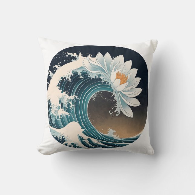 White Lotus & Ocean Wave - Eleganz in Motion Kissen (Vorderseite)
