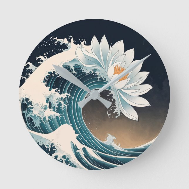 White Lotus & Ocean Wave - Eleganz in Motion Runde Wanduhr (Vorderseite)