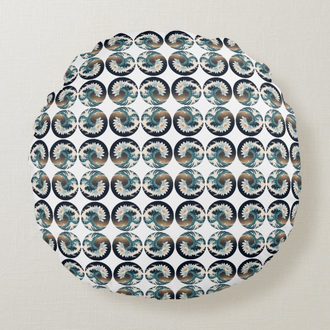 White Lotus & Ocean Wave - Eleganz in Motion Rundes Kissen (Vorderseite)