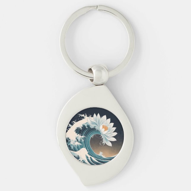 White Lotus & Ocean Wave - Eleganz in Motion Schlüsselanhänger (Vorderseite)