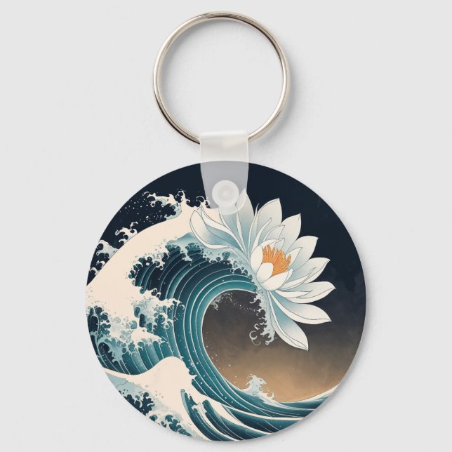 White Lotus & Ocean Wave - Eleganz in Motion Schlüsselanhänger (Vorderseite)