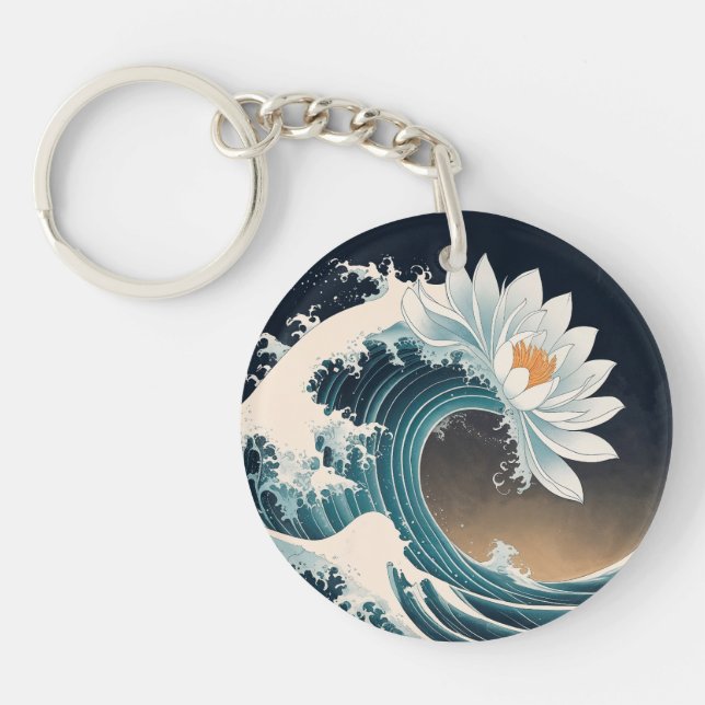 White Lotus & Ocean Wave - Eleganz in Motion Schlüsselanhänger (Vorderseite)