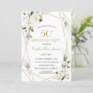 White Magnolia Blume Gold 50. Geburtstag Einladung